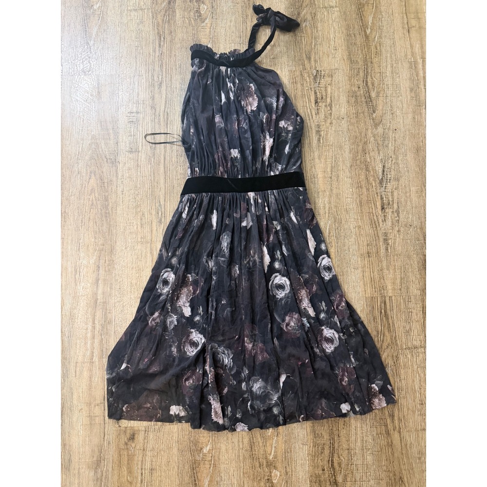 Fuzzi Italy Mesh Floral Halter Midi Dress Black Velvet Trim Size M Dark Romance
